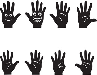 Obraz premium A conceptual vector illustration set showcasing diverse human hand gestures, from expressive palms with smiling faces to symbolic representations of communication and interaction. This graphic collect