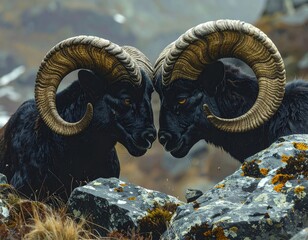 Two majestic black rams with impressive curved horns facing each other in a rugged mountain landscape.