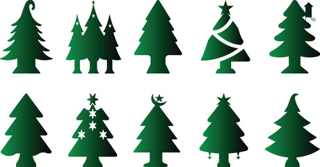 Ten green Christmas tree silhouettes with varied decorations