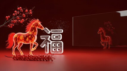 Festive chinese new year design featuring a horse, plum blossoms, and good fortune symbol.