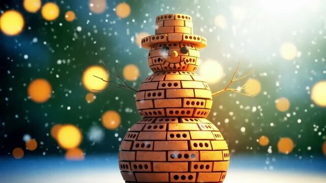 Snowman made of bricks standing on snow with blurry lights and falling white snowflakes. Christmas holiday season.