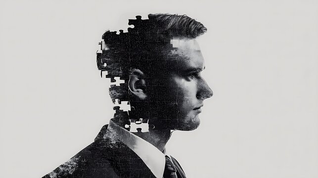 A monochrome image of a man in a suit, with puzzle pieces disassembling from his head, symbolizing complexity and introspection.