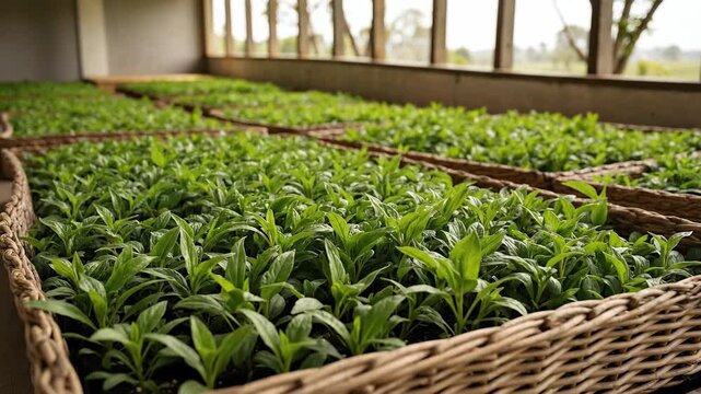 A vibrant greenhouse filled with healthy seedlings in woven trays.