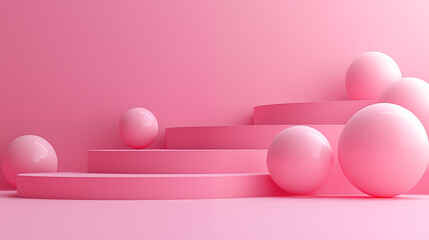 Abstract luxury 3D scene featuring a round pink podium in soft pink tones, surrounded by pink spheres, ideal for cosmetic, skincare, beauty, wellness, or luxury product presentations