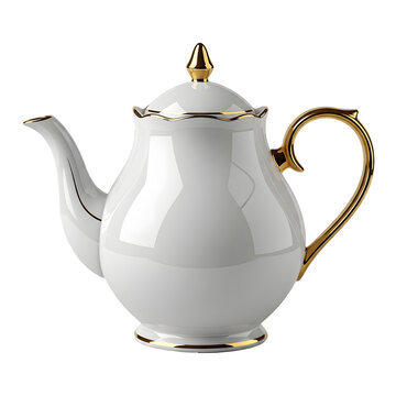 White teapot with gold handle isolated on transparent background