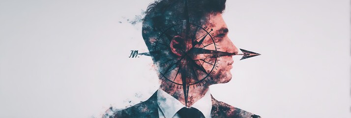 A creative illustration of a businessman with a compass design overlay, symbolizing direction, choices, and professional guidance.