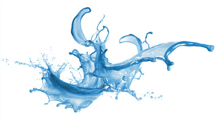 Blue liquid splash exploding outward in dynamic arcs, clean white backdrop