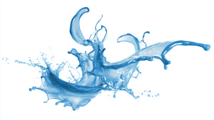 Blue liquid splash exploding outward in dynamic arcs, clean white backdrop