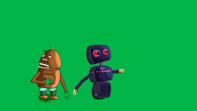 Small brown monster and blue robot standing together on green screen chromakey background. Suitable for 2d animated cartoon animation friendship, adventure, or duo character scenes.