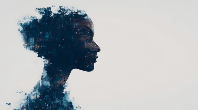 A digital silhouette of a person intertwined with abstract circuit patterns, symbolizing the fusion of technology and human identity. - Powered by Adobe