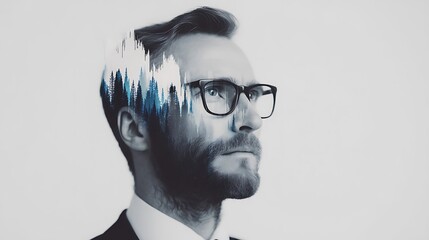 A creative portrait blending a man's profile with abstract trees, symbolizing nature and reflection in a modern, artistic style.