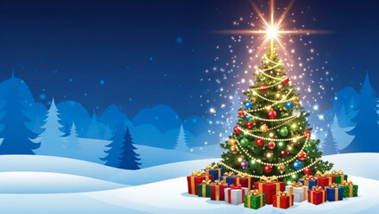 Fototapeta premium Decorated Christmas tree with gifts and sparkling lights festive winter landscape with snow holiday celebration concept