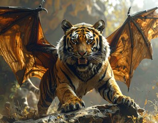 A majestic winged tiger with large leathery wings stands on a rock in a mystical forest, looking intensely forward.