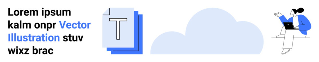 Digital communication, cloud computing, remote work, creative design, data storage, teamwork. A floating cloud, text block and person on laptop. Digital communication and cloud computing concepts