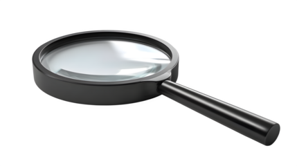 A stylized magnifying glass with a thick matte black handle on a white background for graphic design use