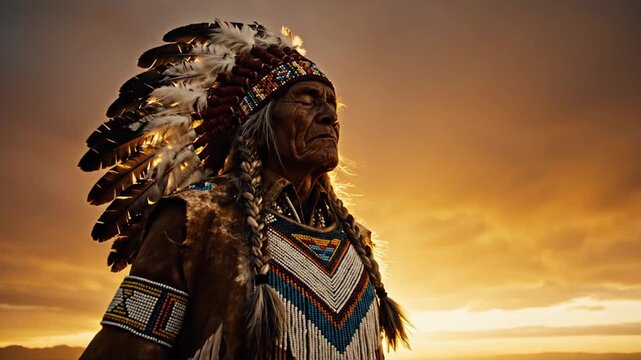 Majestic Native American Elder in Full Headdress Stands Against Fiery Golden Sunset Over Vast Desert Landscape