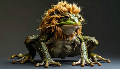 A green frog with a golden, shaggy lion's mane sitting on a grey surface in a studio setting.