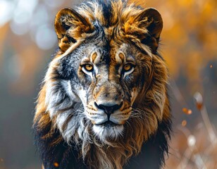 Close-up portrait of a majestic lion with a striking two-toned mane and intense golden eyes, looking directly forward in a natural setting.