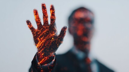 A futuristic figure with a glowing, network-like hand extends forward, symbolizing technology and human connection.