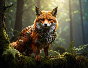 A majestic red fox stands alertly on a mossy log in a sun-dappled, enchanting forest, gazing directly forward with intense eyes.