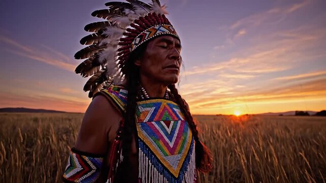 Majestic Native American Elder in Traditional Headdress Gazes at Golden Sunset Over Wheat Field