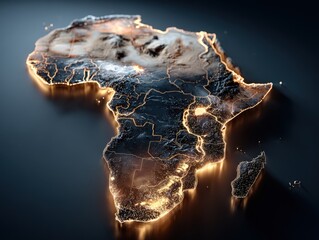 Detailed 3D illustration of the African continent, showcasing geographical features with illuminated borders, emphasizing the diverse landscapes and rich resources of the region