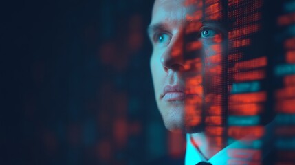 A contemplative man gazes thoughtfully, with digital data overlay illuminating his face, suggesting themes of technology and insight.
