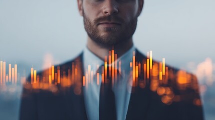 A focused businessman stands against a blurred city background, with vibrant stock market graphs overlaying his image, symbolizing finance and investment.