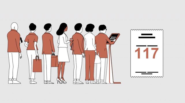 Crowd Standing in Line Receiving Queue Ticket at Automated Terminal, Modern Public Service Center and Efficient Visitor Management System Animation Illustration.