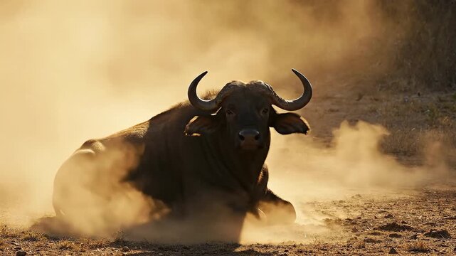 A serene buffalo resting amidst a dusty, sunlit landscape.