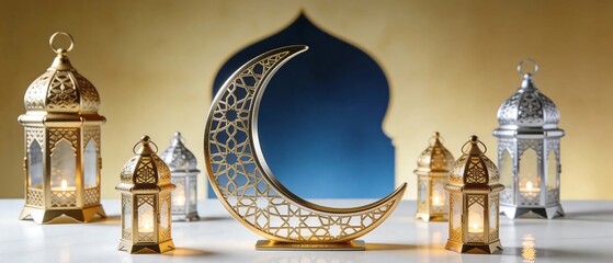 Fototapeta premium Gold and Silver Lanterns with Crescent Moon for Islamic Celebration