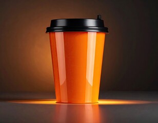 An orange coffee cup with black lid glows in soft light