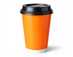 Bright orange disposable coffee cup with black lid, isolated on white