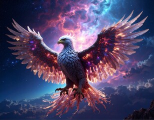 Majestic eagle with glowing, ethereal wings soaring against a vibrant cosmic sky filled with nebulae and stars.