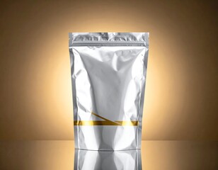 Silver pouch stands center in a studio with gold gradient background