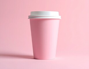 Pink disposable coffee cup with white lid against a soft pink backdrop