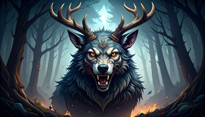 A fearsome mythical wolf-like creature with deer antlers and glowing eyes in a dark, enchanted forest with a hint of fire.