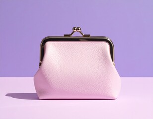 A soft pink purse with a brass clasp sits on a two-toned purple backdrop