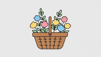 Colorful flower basket illustration with pastel blooms and green leaves