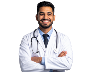 Male Doctor Leaning Slightly Forward with Folded Arms, Dynamic Pose, Isolated on Transparent Background