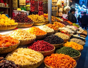 Colorful assortment of dried fruits displayed in woven baskets at a market