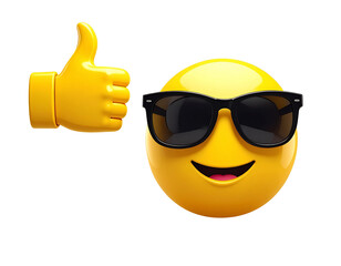 Minimal Emoji Icon with Sunglasses and Floating Thumbs Up Hand, Flat Style, Isolated on Transparent Background