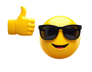 Minimal Emoji Icon with Sunglasses and Floating Thumbs Up Hand, Flat Style, Isolated on Transparent Background