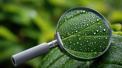 Magnifying glass green leaf water drop closeup nature detail freshness macro botany science focus clarity vibrant garden observation