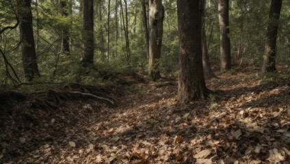 Obraz premium Sunlit Forest Floor - A Carpet of Autumn Leaves and Towering Trees.