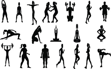 Fototapeta premium Collection of various human silhouettes in different poses and yoga positions