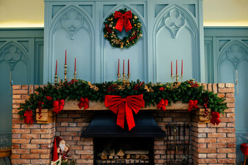 Warm cozy fireplace decorated for Christmas