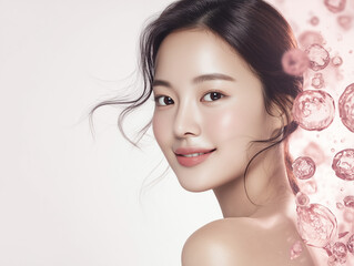 Radiant Korean Beauty in Minimal Skincare Aesthetic. soft, rounded water droplets clustered together in an elegant and harmonious pattern.