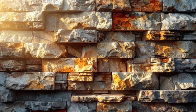 Rough Stacked Stone Wall with Warm Sunlight