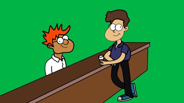 Boy with red hair leaning on counter casually on green screen chromakey background. Suitable for 2d animated cartoon animation conversation, bar, or relaxed teen scenes in social stories.